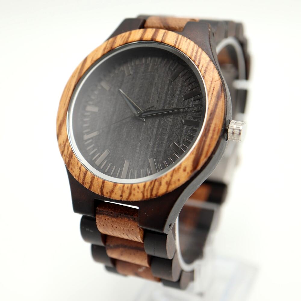 Mens 45mm Two Tone Wooden Watch Brown Black Charcoal Dial Engraved w New Battery